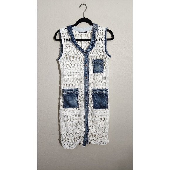 Dor Dor Couture Dress Womens Medium Crochet Denim Studded Boho Vest Pockets - Picture 1 of 14